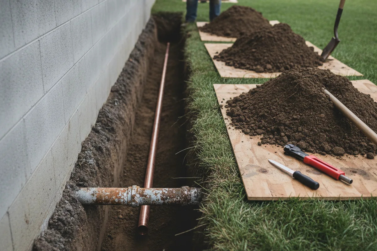 Excavated water line trench during Water Heater Repair in Talladega